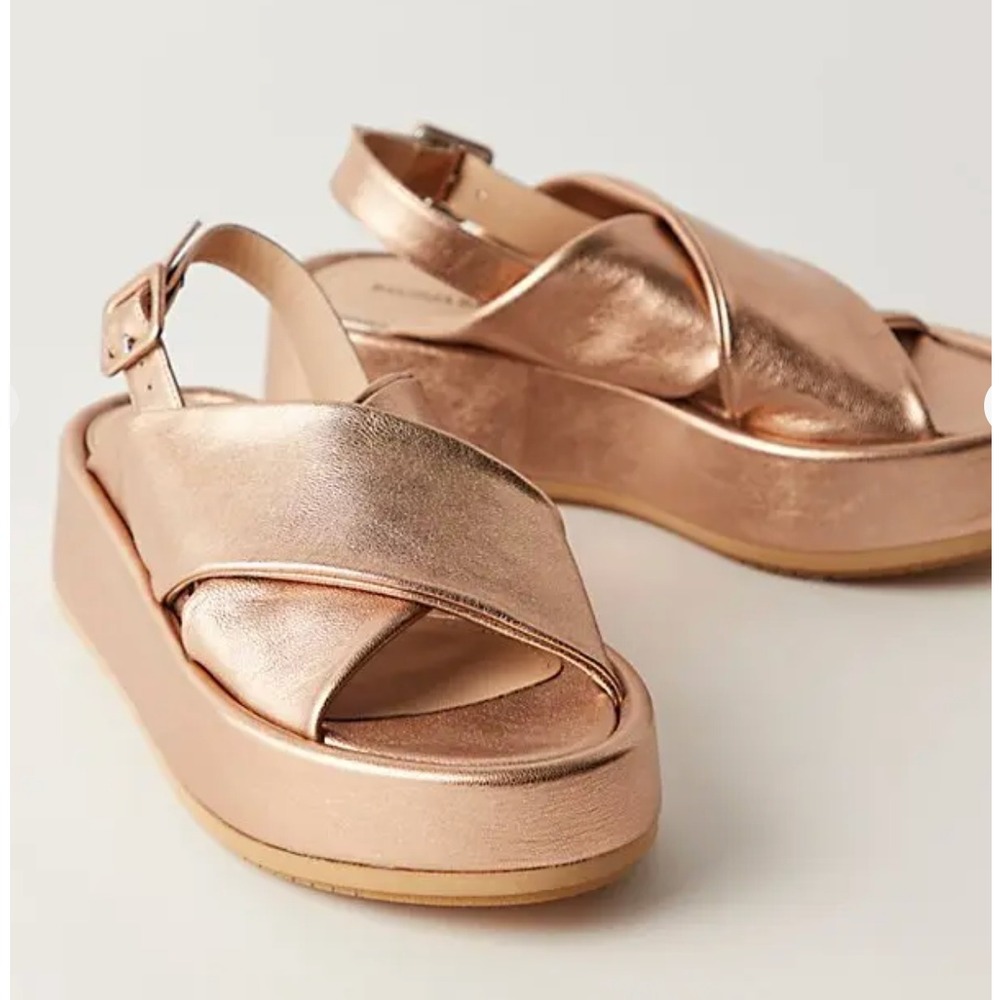 Paloma Barcelo Free People‎ Sima Slingback Sandal Gold Leather Flatform Size 7.5